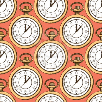 Sketch pocket watch in vintage style, vector seamless pattern