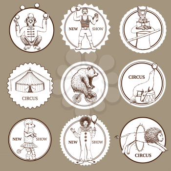Sketch circus lables and logotypes in vintage style, vector