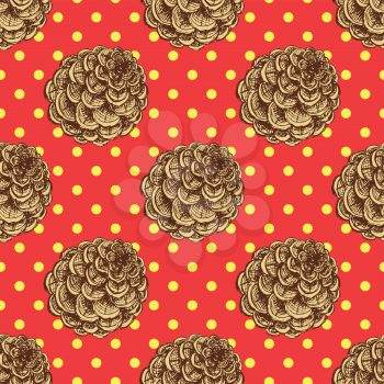 Sketch pine cone in vintage style, vector seamlless pattern