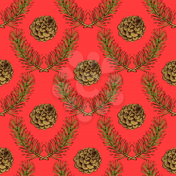 Sketch pine branch and cones in vintage style, vector seamless pattern