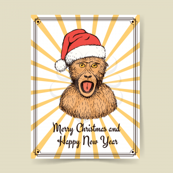 Sketch monkey in Santa's hat in vintage style, vector poster
