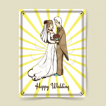 Sketch wedding couple in vintage style, vector poster