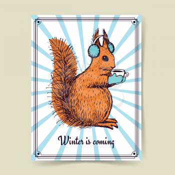 Sketch squrrel with cup of tea in vintage style, vector poster