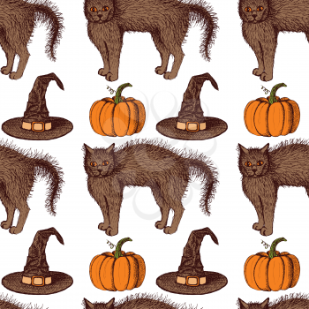 Sketch Halloween pattern in vintage style, vector