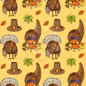 Sketch Thanksgiving seamless pattern in vintage style, vector