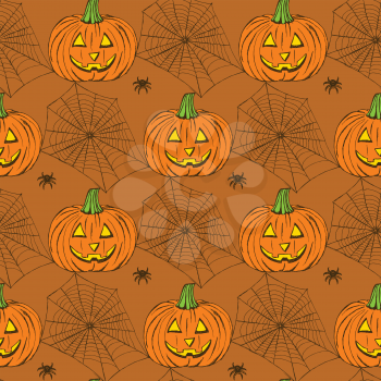Sketch Halloween seamless pattern in vintage style, vector. Pumpkin and net with spider.