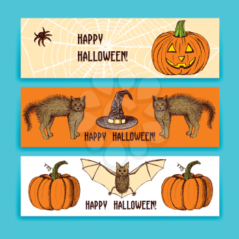 Sketch Halloween banners in vintage style, vector set