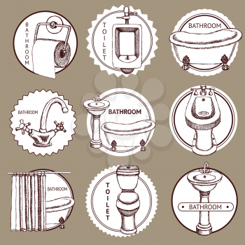 Sketch set of logo with bathrom and toilet symbols in vintage style, vector