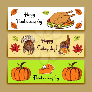 Sketch Thanksgiving banners in vintage style, vector