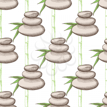 Sketch spa pattern with bamboo and rocks in vintage style, vector