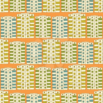 Sketch soviet buildings in vintage style, vector seamless pattern