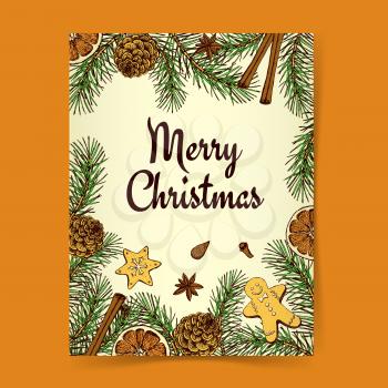 Sketch Christmas background with pine, cookies and spices in vintage style, vector