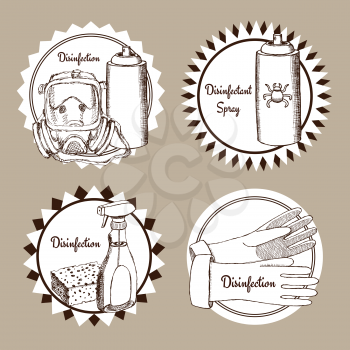Sketch set of disinfection logos in vintage style, vector