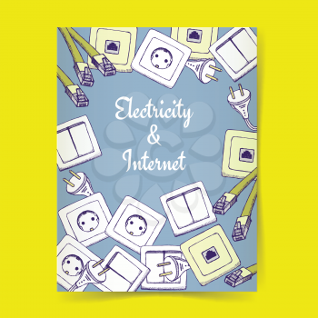 Sketch electricity and internet poster template in vintage style, vector