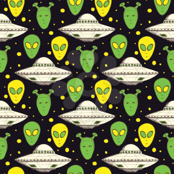 Sketch aliens and plate in vintage style, vector seamless pattern