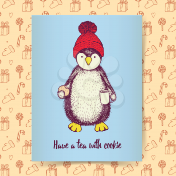 Sketch pinguin in hat with cup of tea and cookie in vintage style, vector Christmas poster template