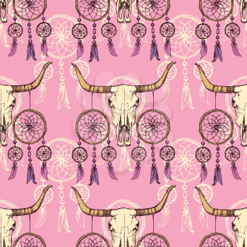 Sketch longhorn and dreamcather in vintage style, vector seamless pattern