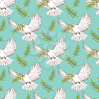 Sketch dove of peace in vintage style, vector seamless pattern