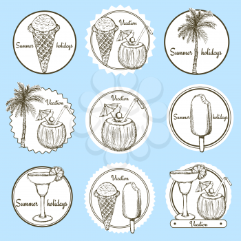 Sketch vacation logos in vintage style, vector