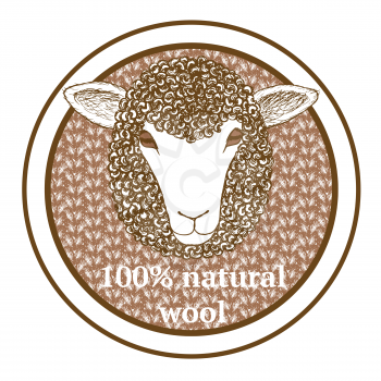 Sketch 100% wool tag with sheep in vintage style, vector