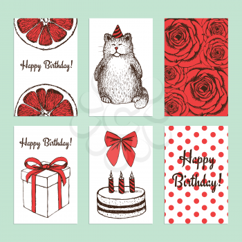 Sketch Birthday cards in vintage style, vector