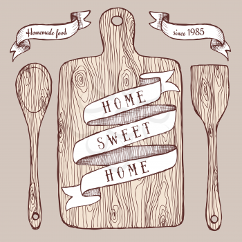 Homemade food poster with cutting board in vintage style, vector