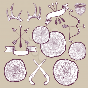 Tree rings set with bow,antlers and saw  in vintage style, vector