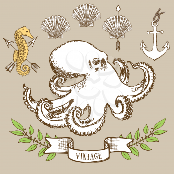Octopus poster with shell, anchor and seahorse in vintage style, vector