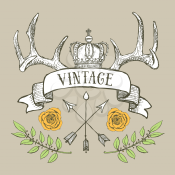 Vintage poster with crown and antlers  in vintage style, vector