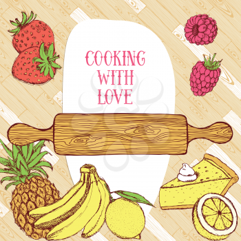Cooking card on wooden pattern in vintage style, vector