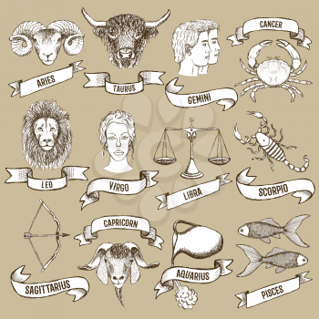 Zodiac set with ribbons in vintage style, vector