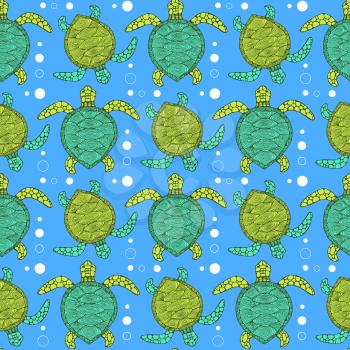 Sketch sea turtle pattern in vintage style, vector tile