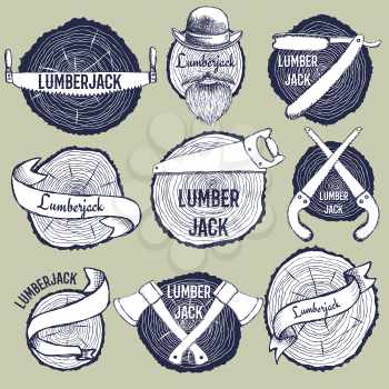 Sketch set of lumberjack logotypes in vintage style, vector