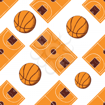 Sketch basketball seamless pattern in vintage style, vector