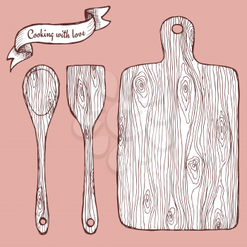 Cutting board with spoon and ribbon in vintage style, vector