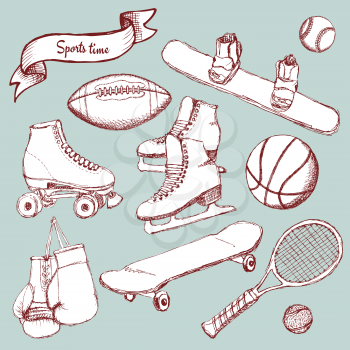 Sports set with balls and equipment in vintage style, vector