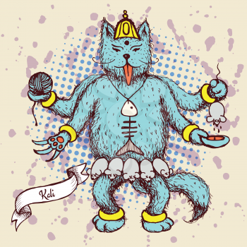 Kali indian god in cat cartoon in vintage style, vector