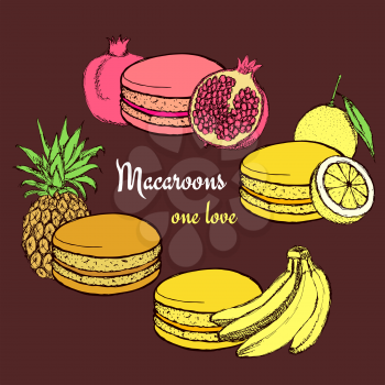 Macaroons with fruits in vintage style, vector