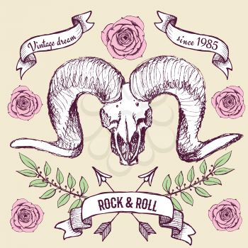 Poster with goat's skull, ribbons and roses in vintage style, vector