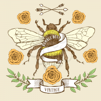 Bumble bee poster template with ribbons and arrows in vintage style, vector