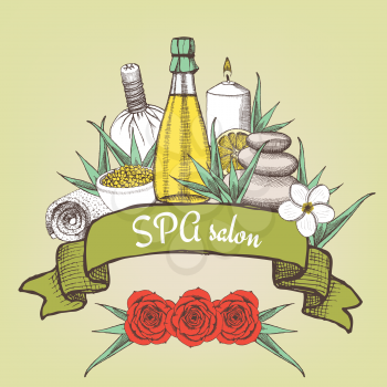 Spa salon poster with ribbon in vintage style, vector