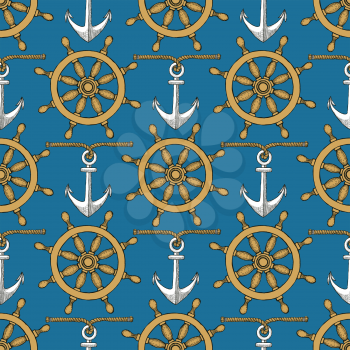 Engraved helm and anchor in vintage style, vector seamless pattern