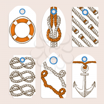 Marine tags in vintage style, engraved vector template