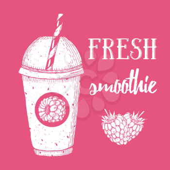 Fresh raspberry smoothie in vintage style, vector poster