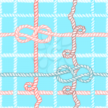 Engraved ropes and knots in vintage style, vector seamless pattern with eight knot.