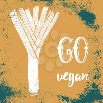 Go vegan poster with leek, vector