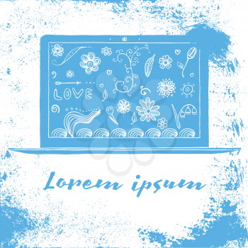 Laptop mockup with flowers, swirls and waves, vector illustrtaion