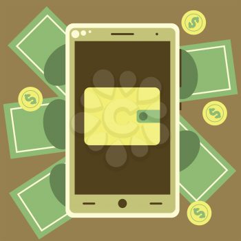 Mobile wallet with money bills and coins, vector mobile payment illustration
