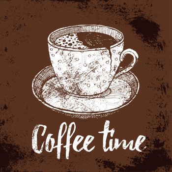 Coffee time poster with broken cup in vintage style, vector