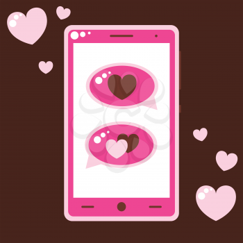 Pink mobile phone with love messages, vector flat poster